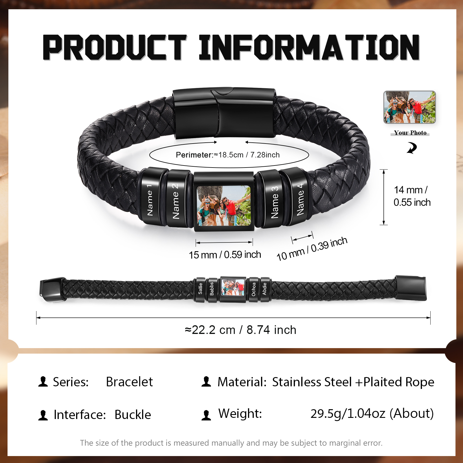 Personalised Men's Leather Bracelet Custom 1 Photo & 1–6 Names Black Silver Gift for Him-Jessemade AU