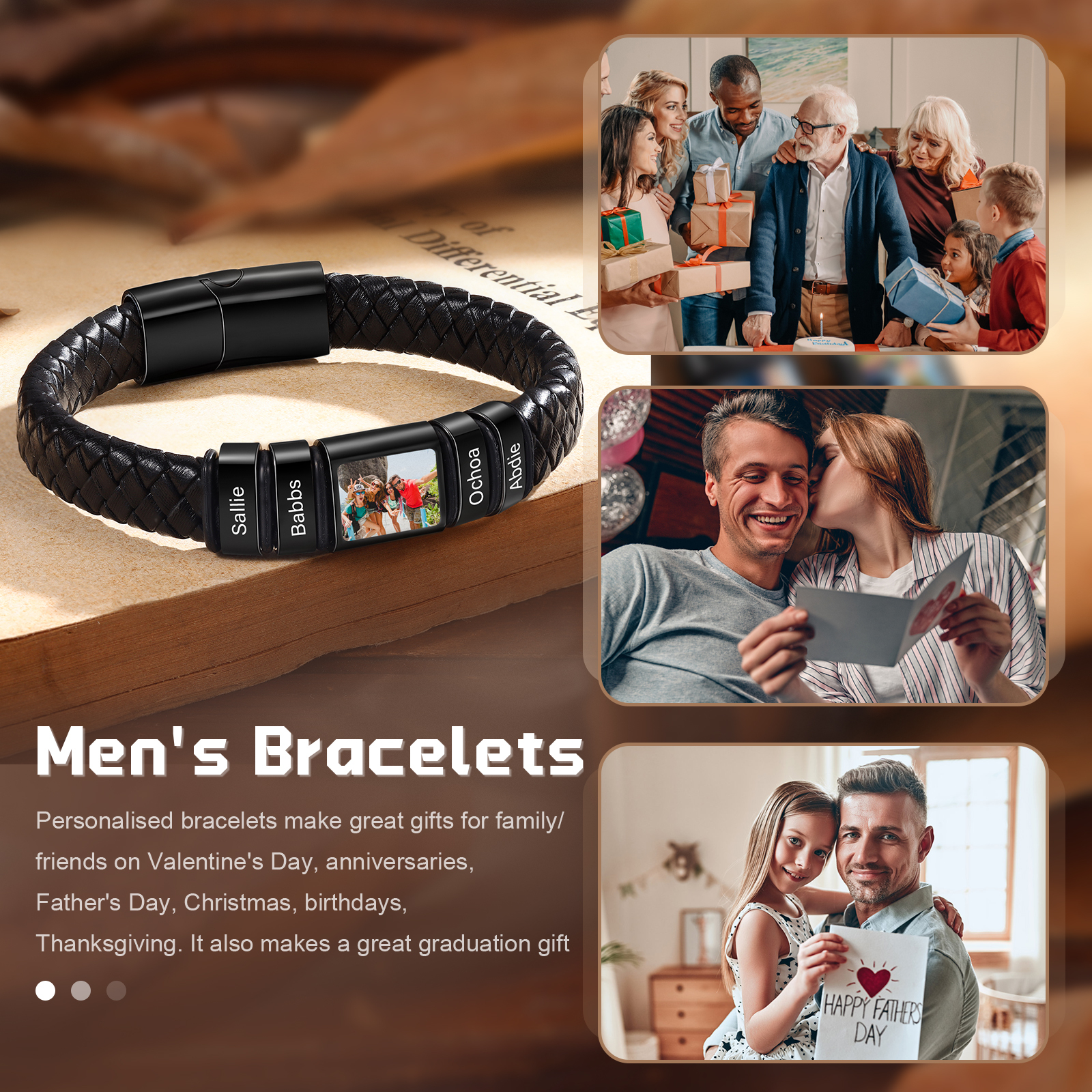 Personalised Men's Leather Bracelet Custom 1 Photo & 1–6 Names Black Silver Gift for Him-Jessemade AU