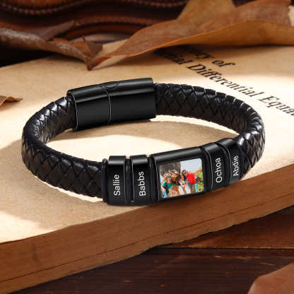 Personalised Men's Leather Bracelet Custom 1 Photo & 1–6 Names Black Silver Gift for Him-Jessemade AU