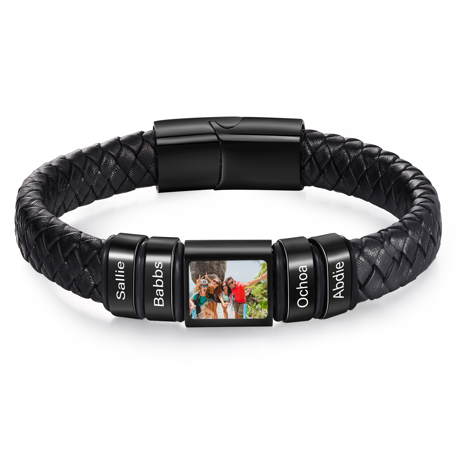 Personalised Men's Leather Bracelet Custom 1 Photo & 1–6 Names Black Silver Gift for Him-Jessemade AU