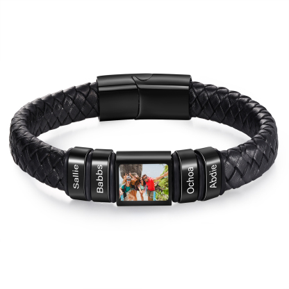 Personalised Men's Leather Bracelet Custom 1 Photo & 1–6 Names Black Silver Gift for Him-Jessemade AU