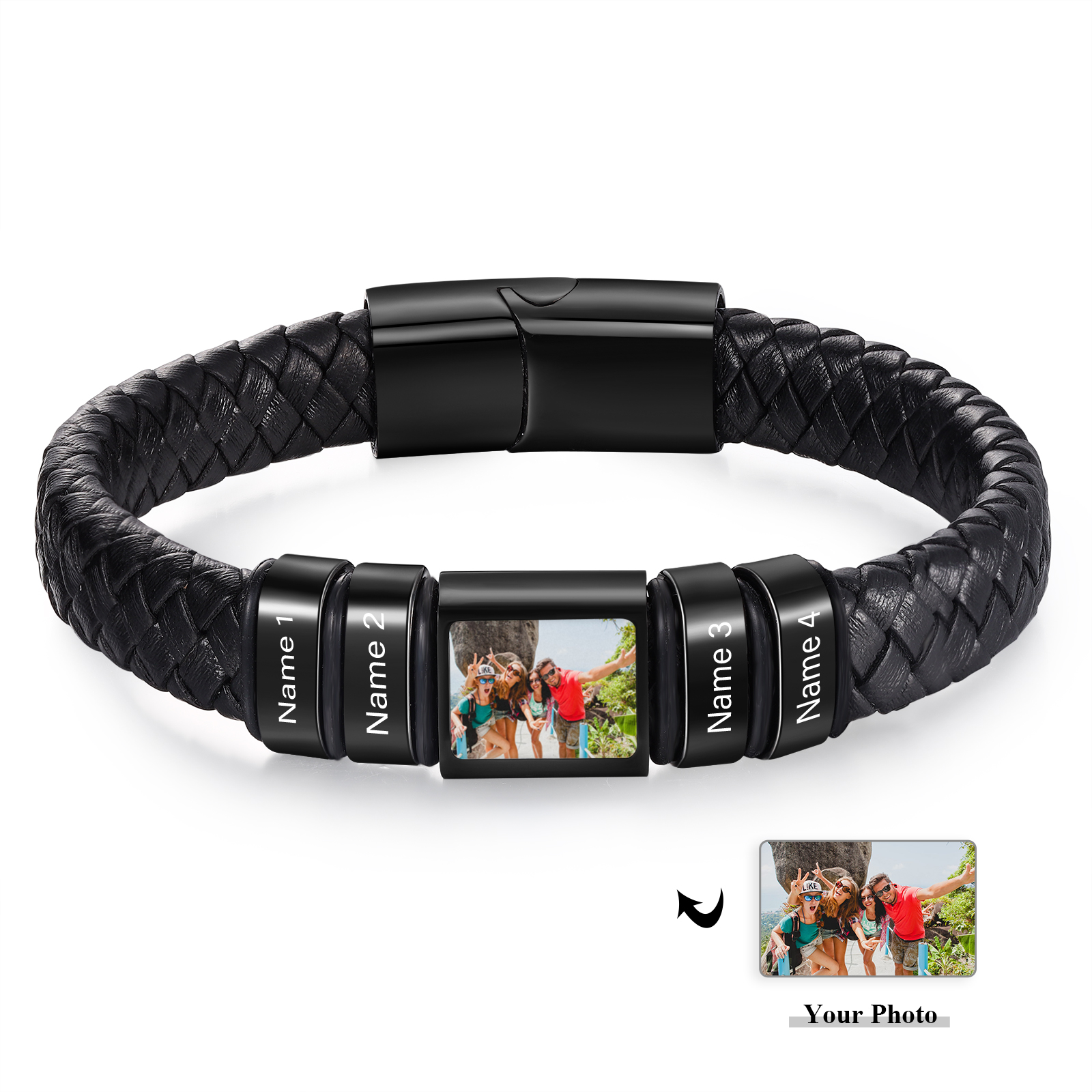 Personalised Men's Leather Bracelet Custom 1 Photo & 1–6 Names Black Silver Gift for Him