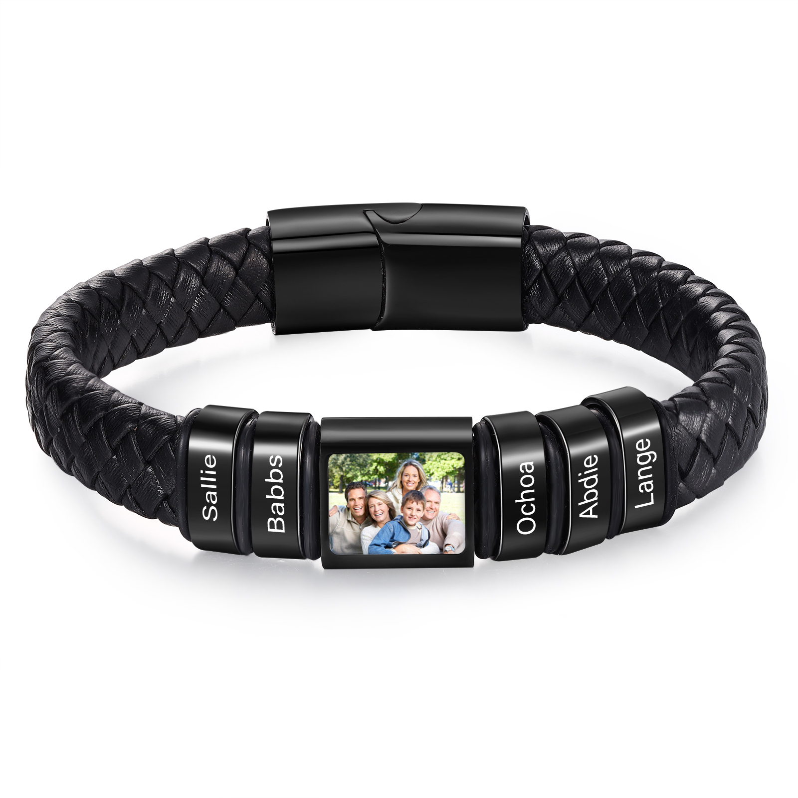 Personalised Men's Leather Bracelet Custom 1 Photo & 1–6 Names Black Silver Gifts for Him-Jessemade AU