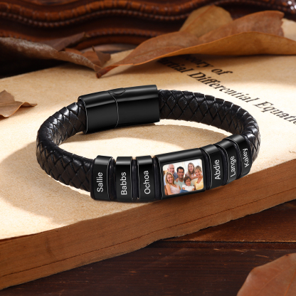 Personalised Men's Leather Bracelet Custom 1 Photo & 1–6 Names Black Silver Gifts for Him-Jessemade AU