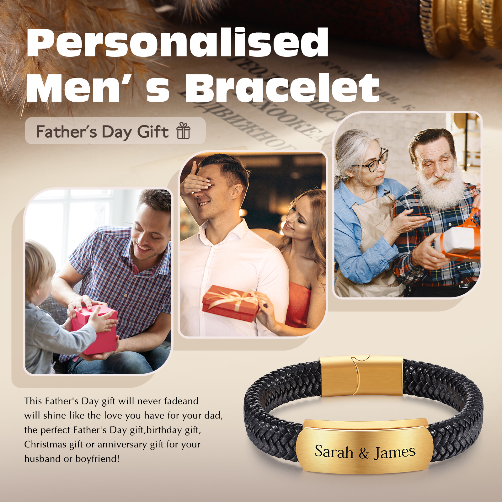 Personalised Men's Leather Bracelet Custom Text Bracelet Gold Gifts for Him-Jessemade AU