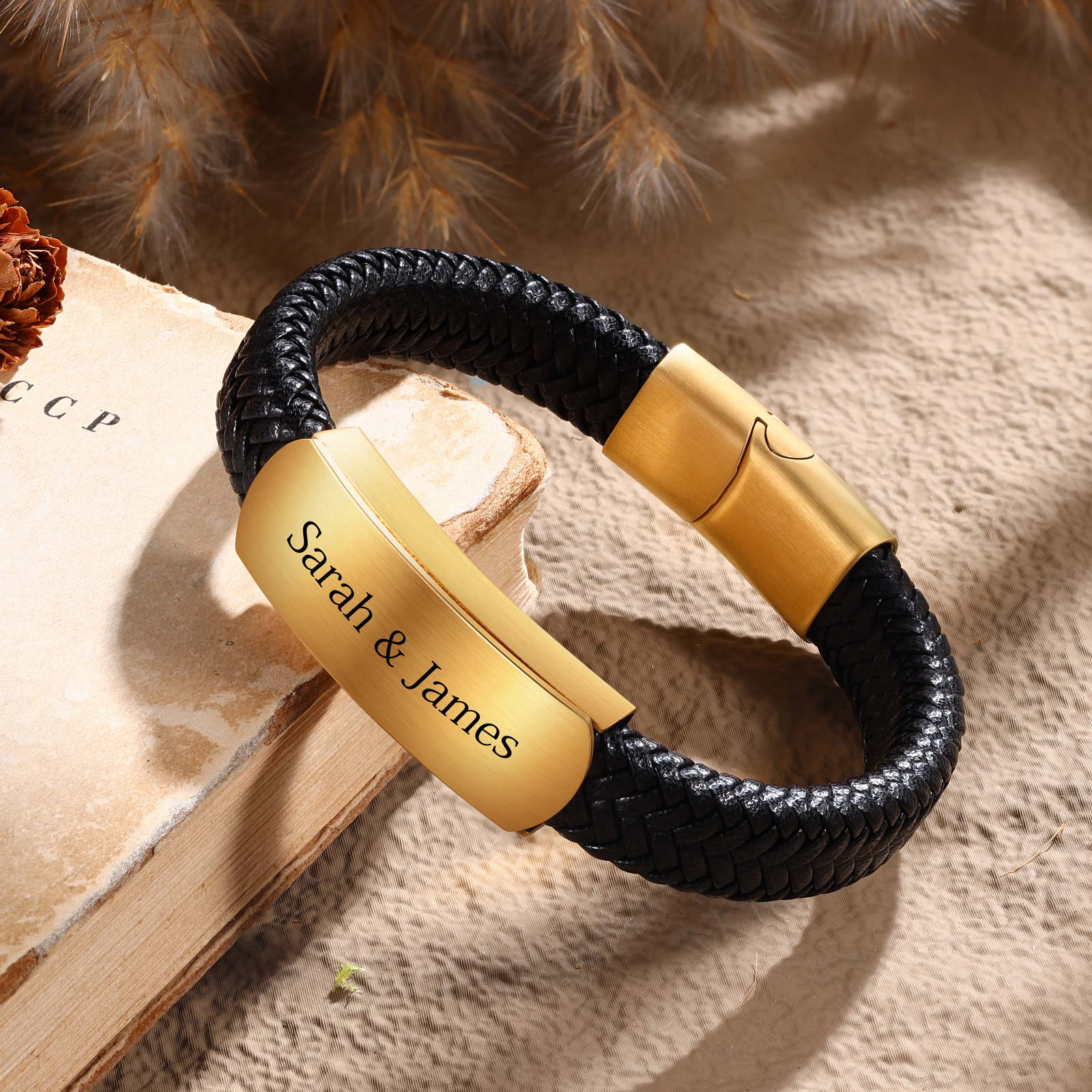 Personalised Men's Leather Bracelet Custom Text Bracelet Gold Gifts for Him-Jessemade AU