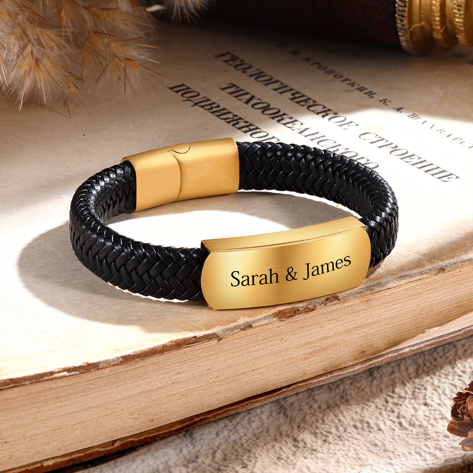 Personalised Men's Leather Bracelet Custom Text Bracelet Gold Gifts for Him-Jessemade AU