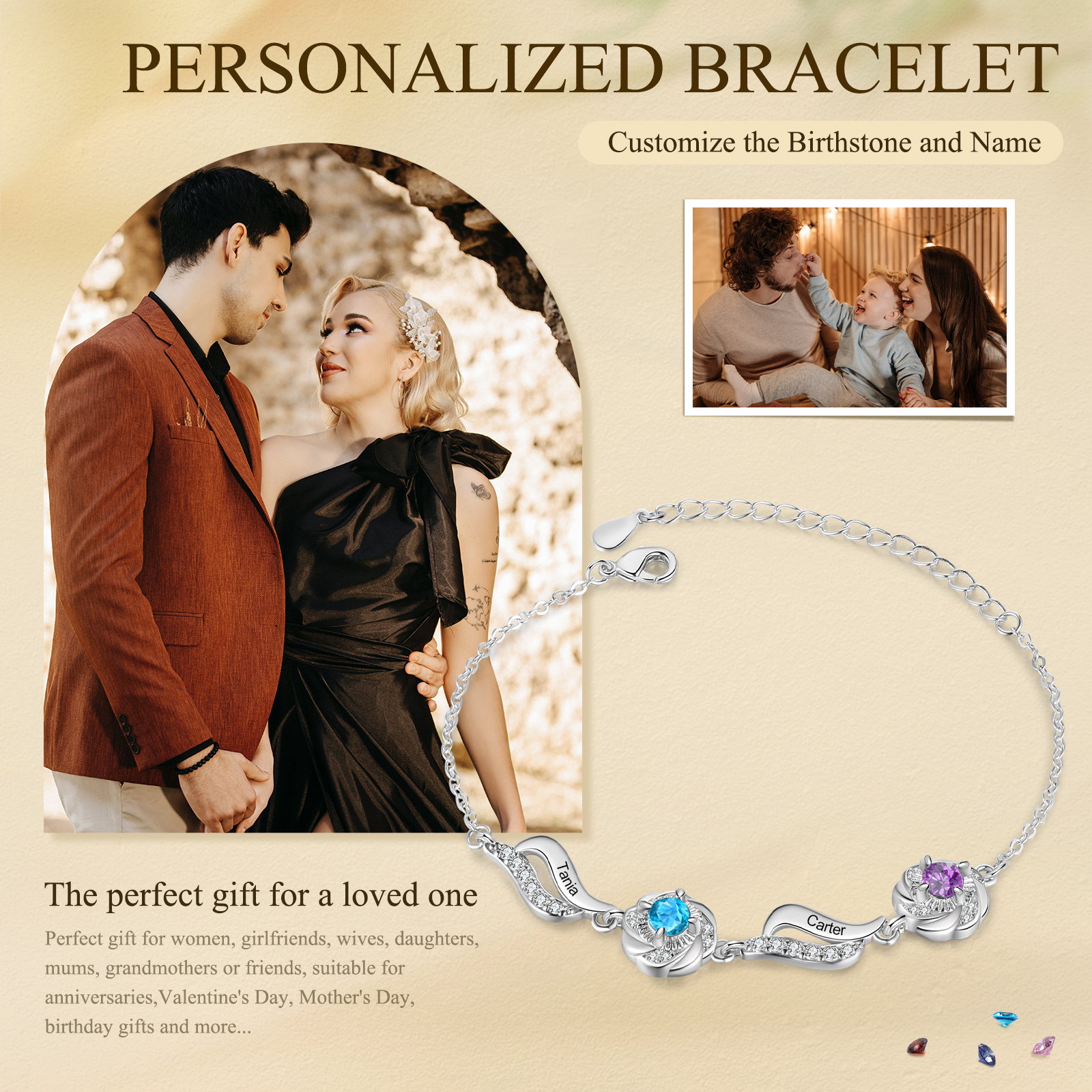 2 Names Personalised Birthstone Bracelet A Unique Gift with Custom Names & Birthstones Gift For Her-Jessemade AU