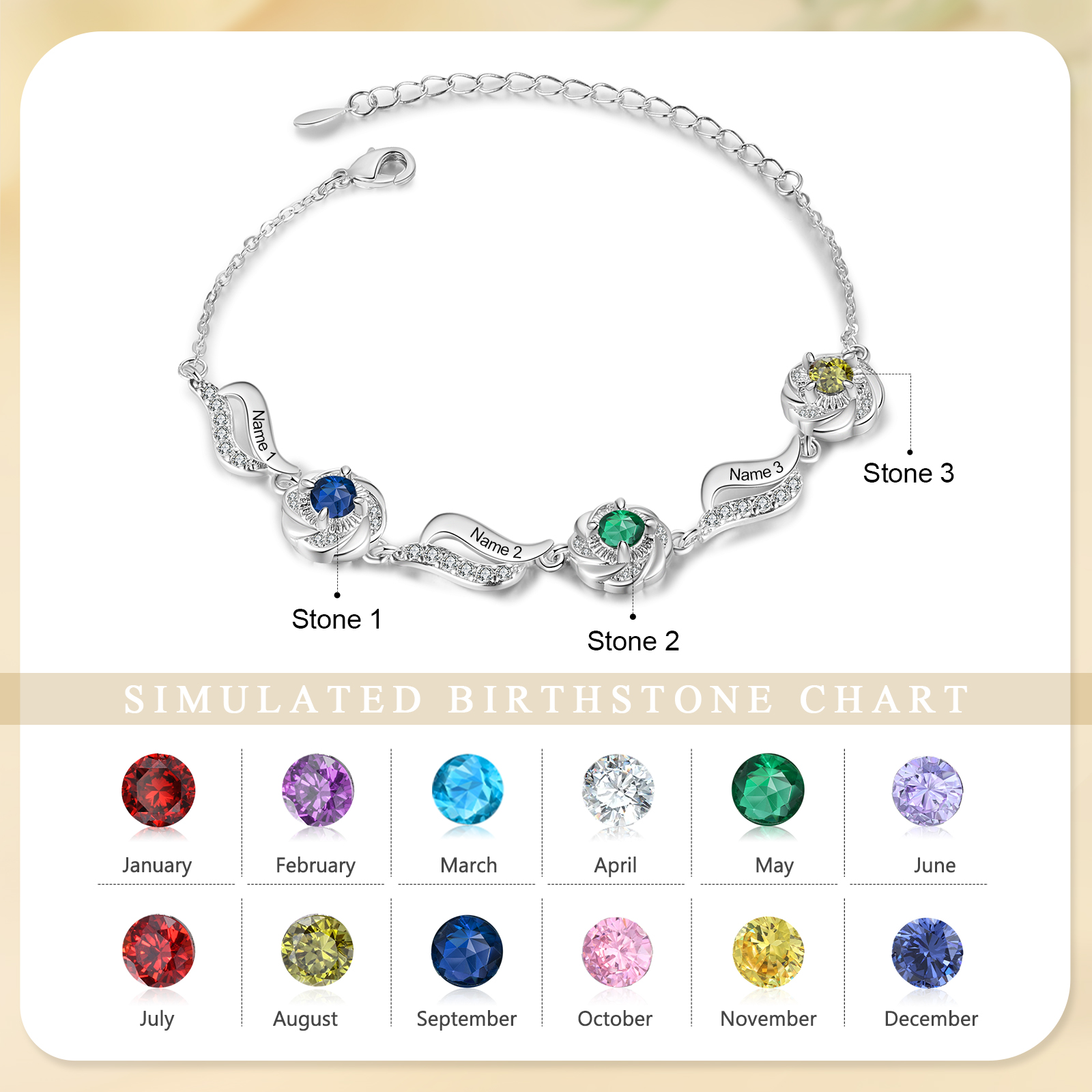 3 Names Personalised Birthstone Bracelet A Unique Gift with Custom Names & Birthstones Gift For Her