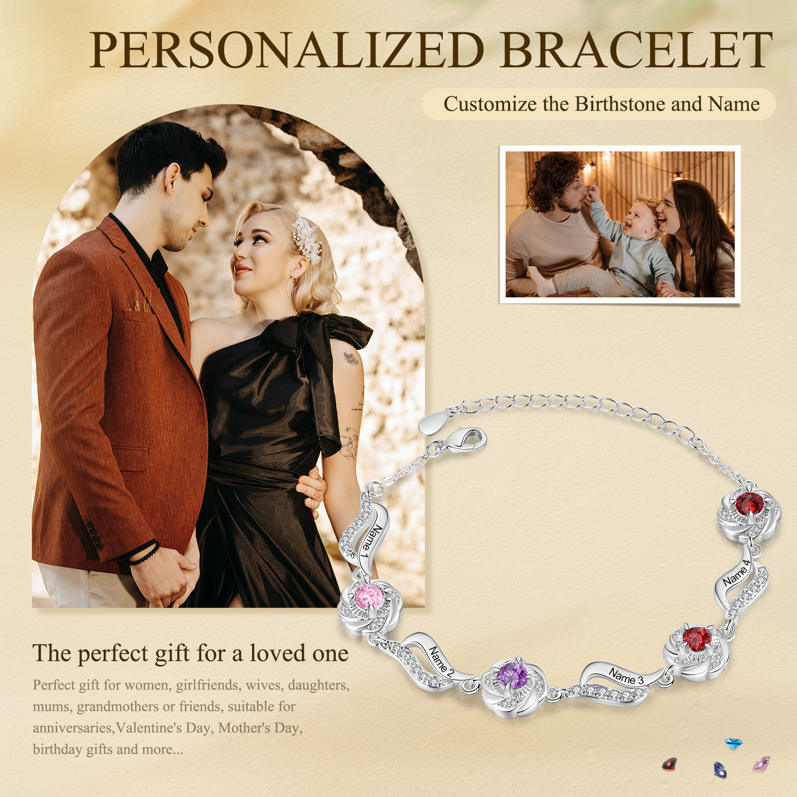4 Names Personalised Birthstone Bracelet with Custom Names A Unique Keepsake for Cherished Bonds-Jessemade AU