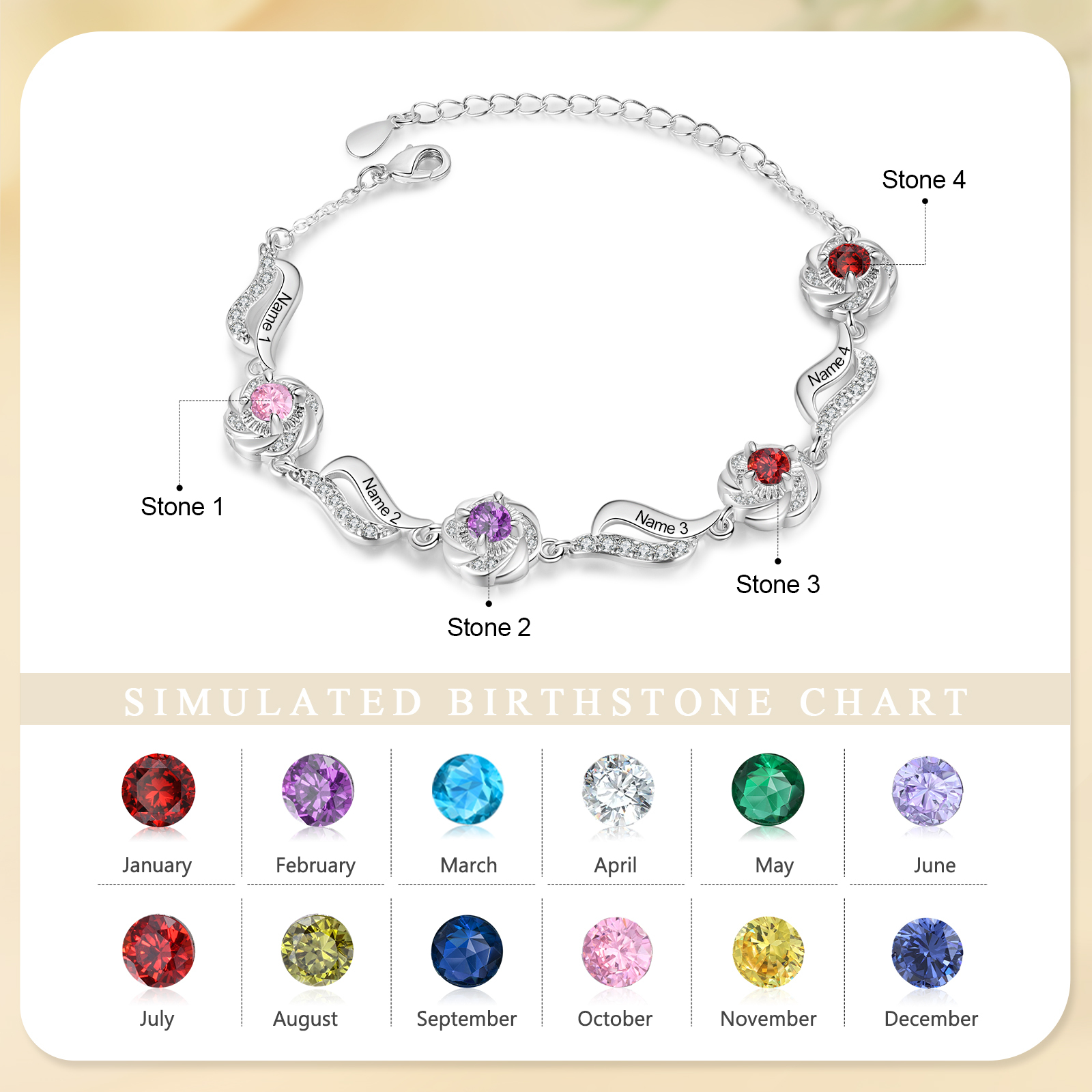 4 Names Personalised Birthstone Bracelet with Custom Names A Unique Keepsake for Cherished Bonds-Jessemade AU