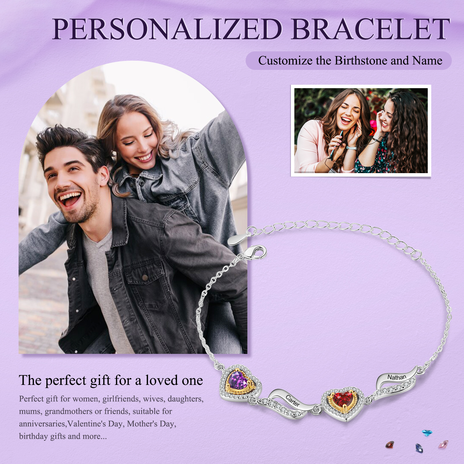 Personalised Heart Bracelet  Custom 2 Birthstones & Names Ideal Friendship Gift-Jessemade AU