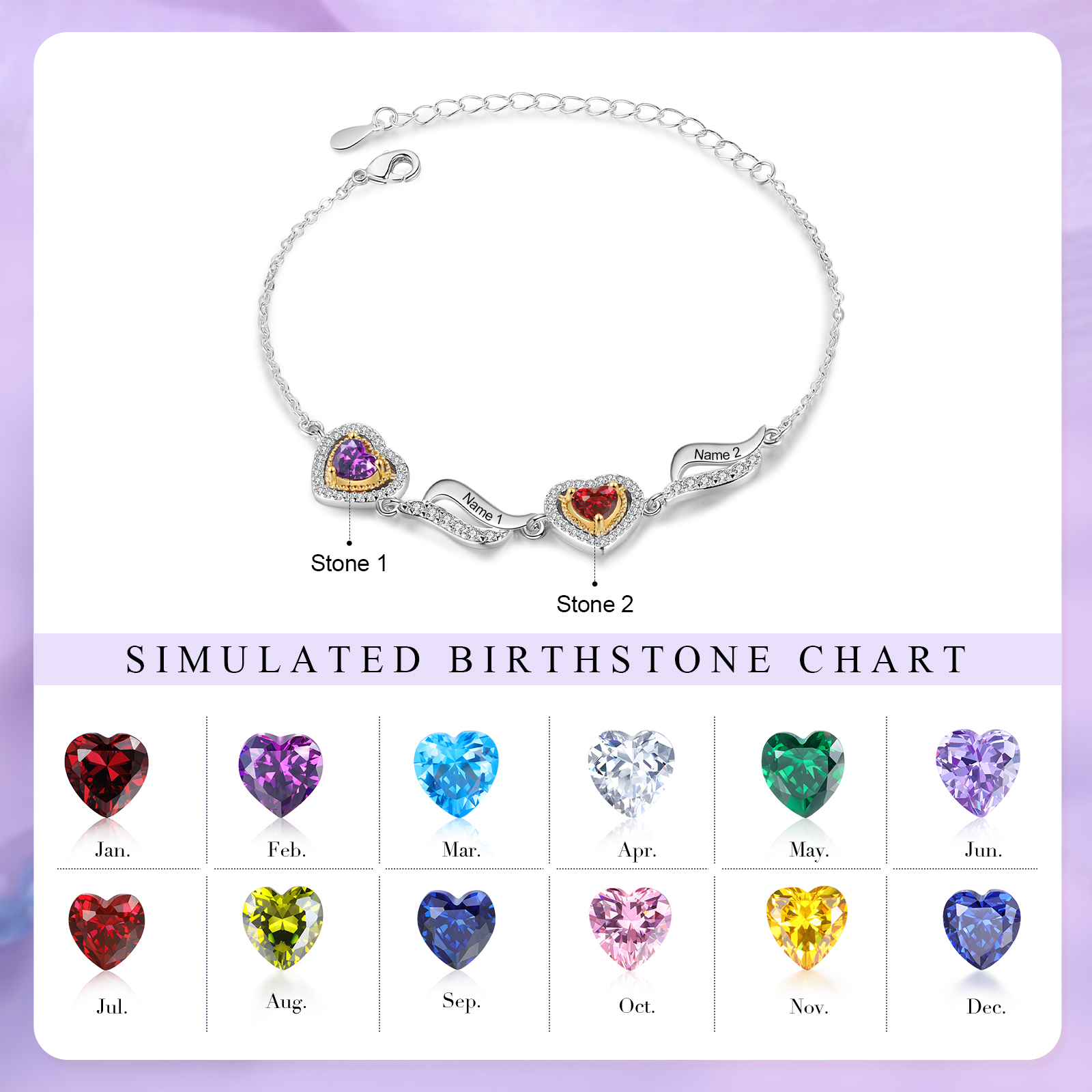 Personalised Bracelet  Custom 2 Birthstones & Names Ideal Friendship Gift