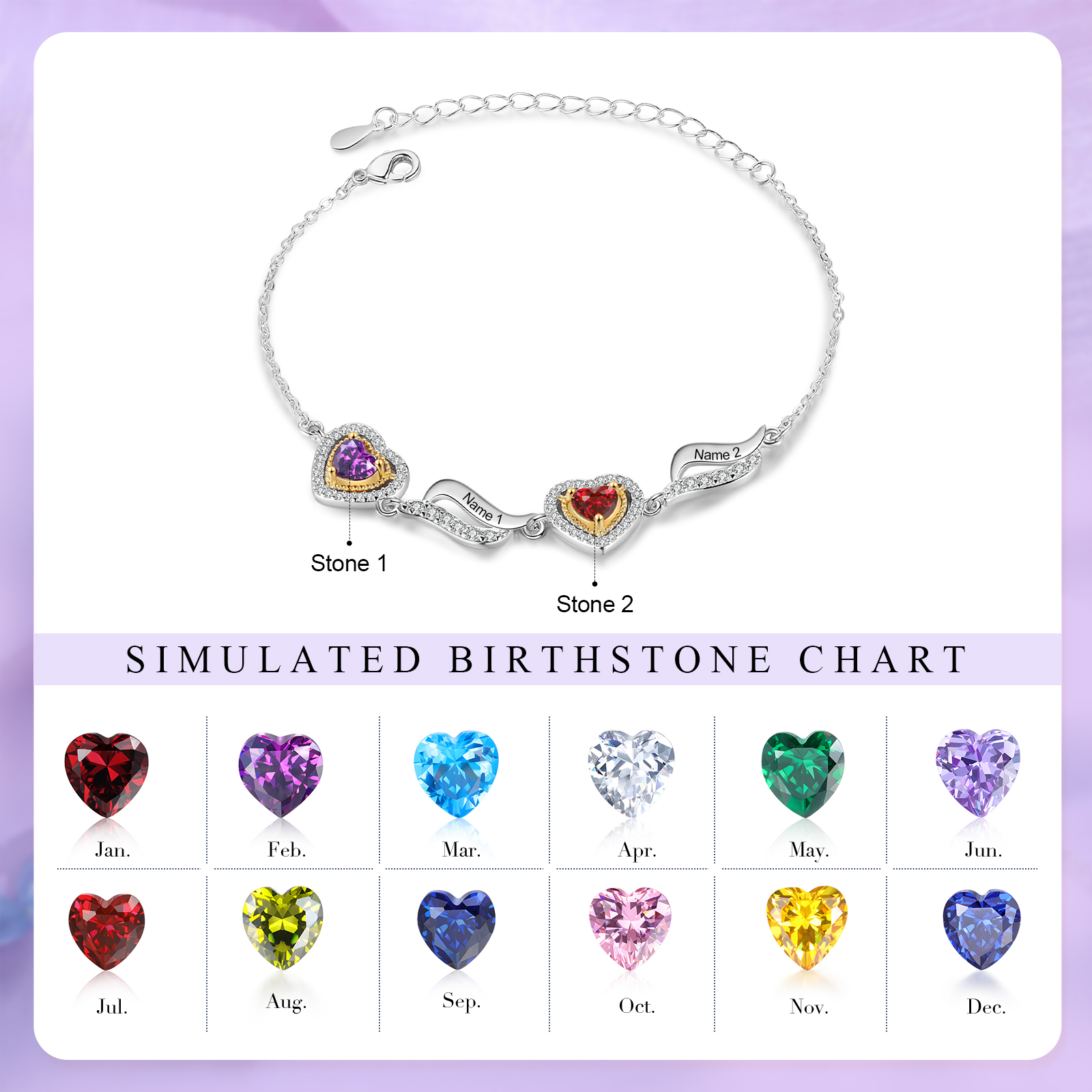 Personalised Heart Bracelet  Custom 2 Birthstones & Names Ideal Friendship Gift-Jessemade AU