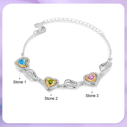 Personalised Birthstone Bracelet Custom 3 Birthstones and Names Heart Bracelet for Friends & Family Ideal Christmas Gift-Jessemade AU