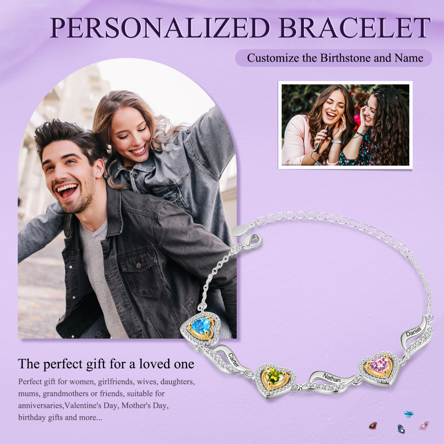 Personalised Birthstone Bracelet Custom 3 Birthstones and Names Heart Bracelet for Friends & Family Ideal Christmas Gift-Jessemade AU