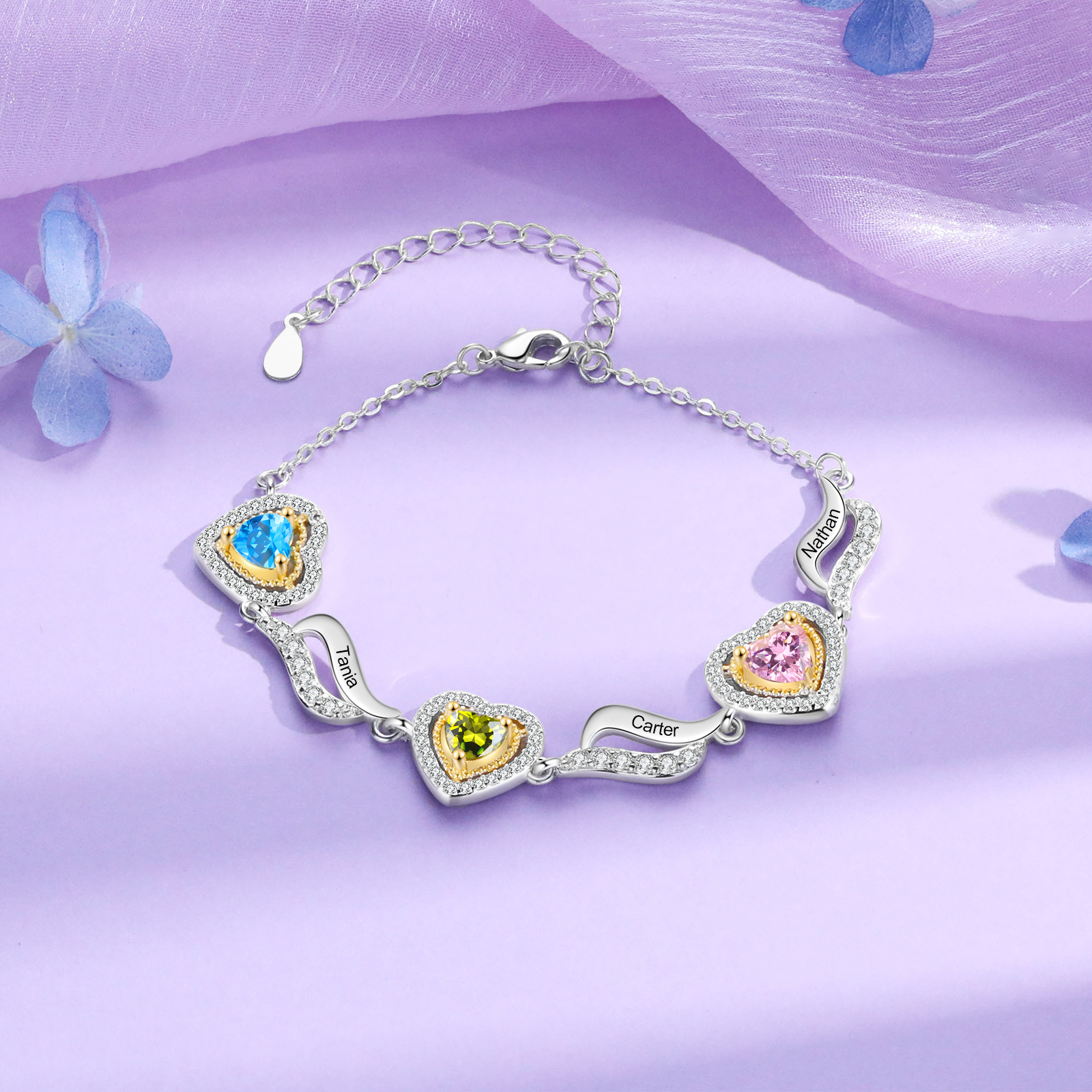 Personalised Birthstone Bracelet Custom 3 Birthstones and Names Heart Bracelet for Friends & Family Ideal Christmas Gift-Jessemade AU