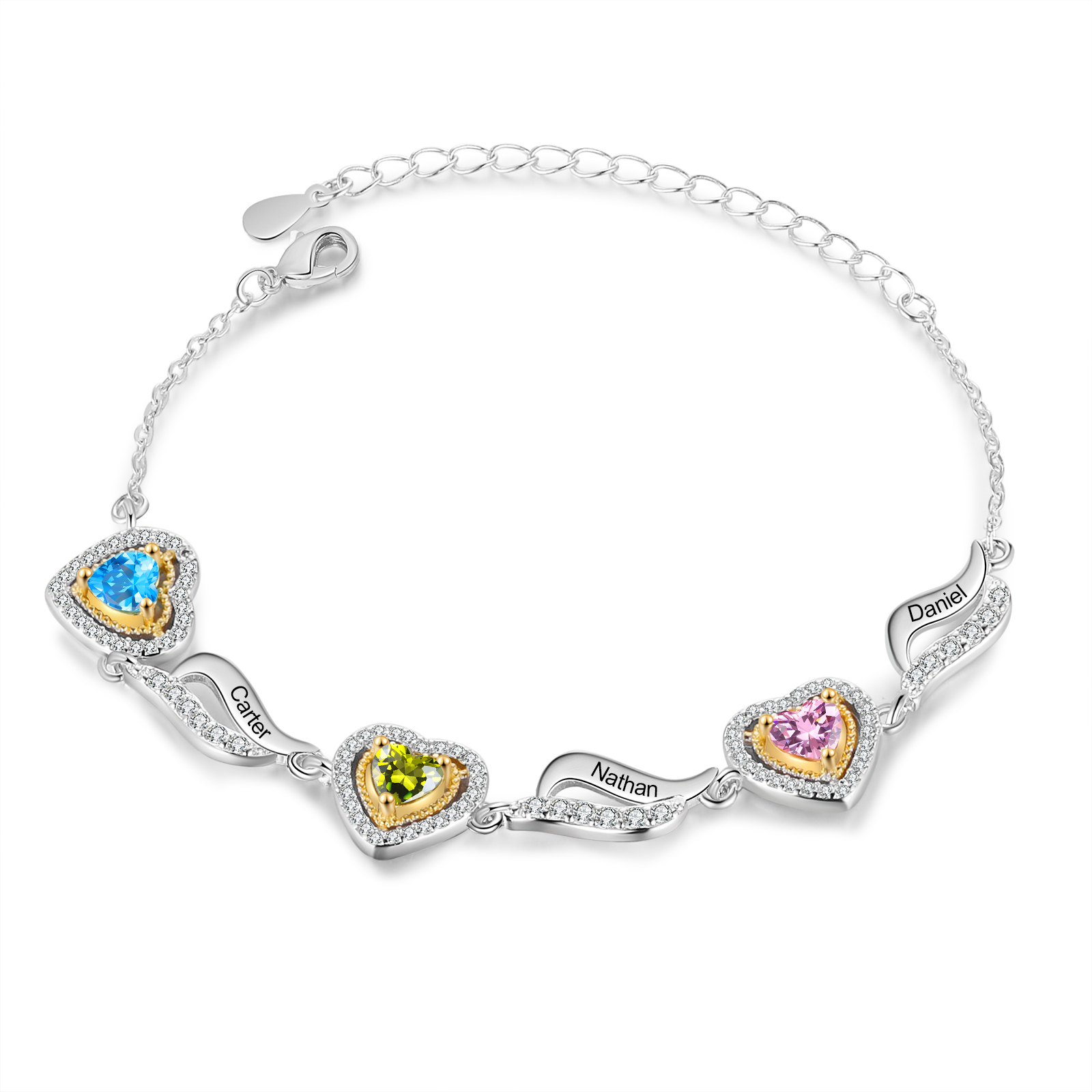 Personalised Birthstone Bracelet Custom 3 Birthstones and Names Heart Bracelet for Friends & Family Ideal Christmas Gift