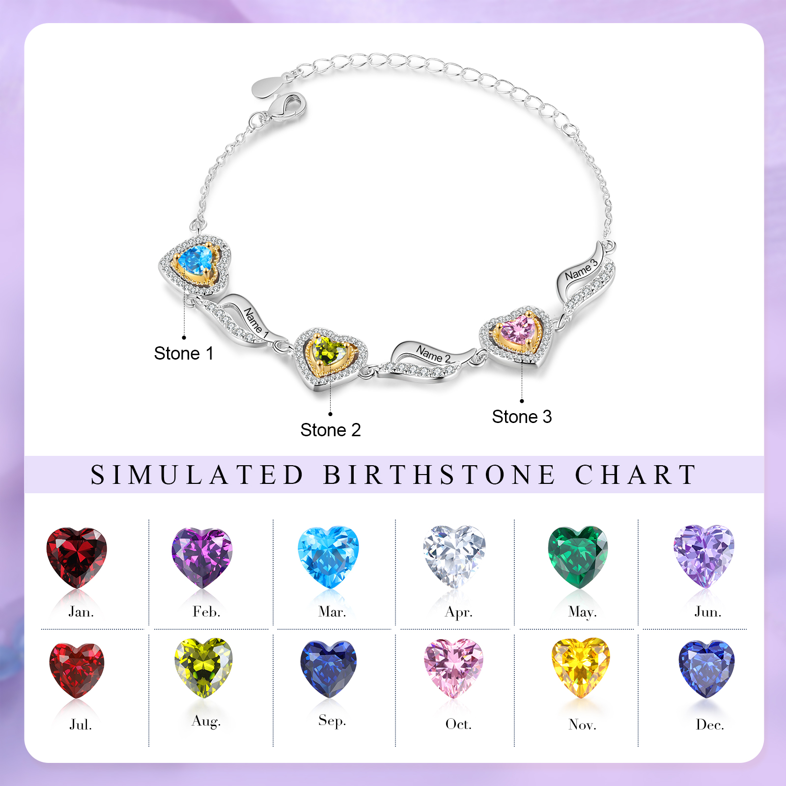 Personalised Birthstone Bracelet Custom 3 Birthstones and Names Heart Bracelet for Friends & Family Ideal Christmas Gift