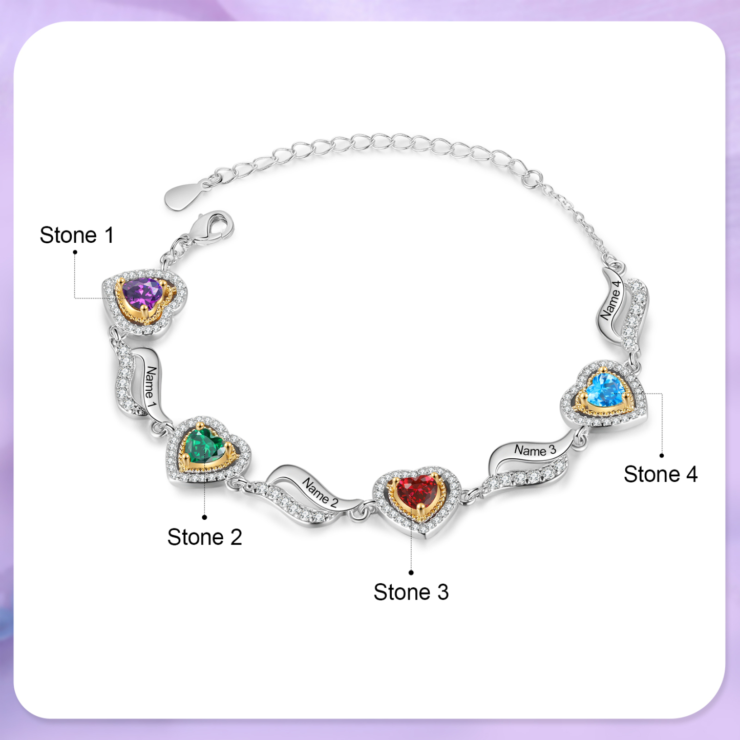 Personalised Heart Birthstone Bracelet Customizable with 4 Names and Birthstones Perfect Gift for Friends-Jessemade AU