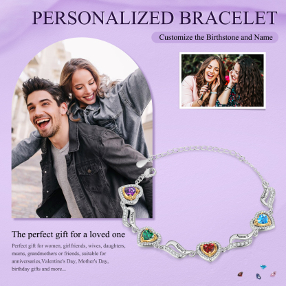 Personalised Heart Birthstone Bracelet Customizable with 4 Names and Birthstones Perfect Gift for Friends-Jessemade AU