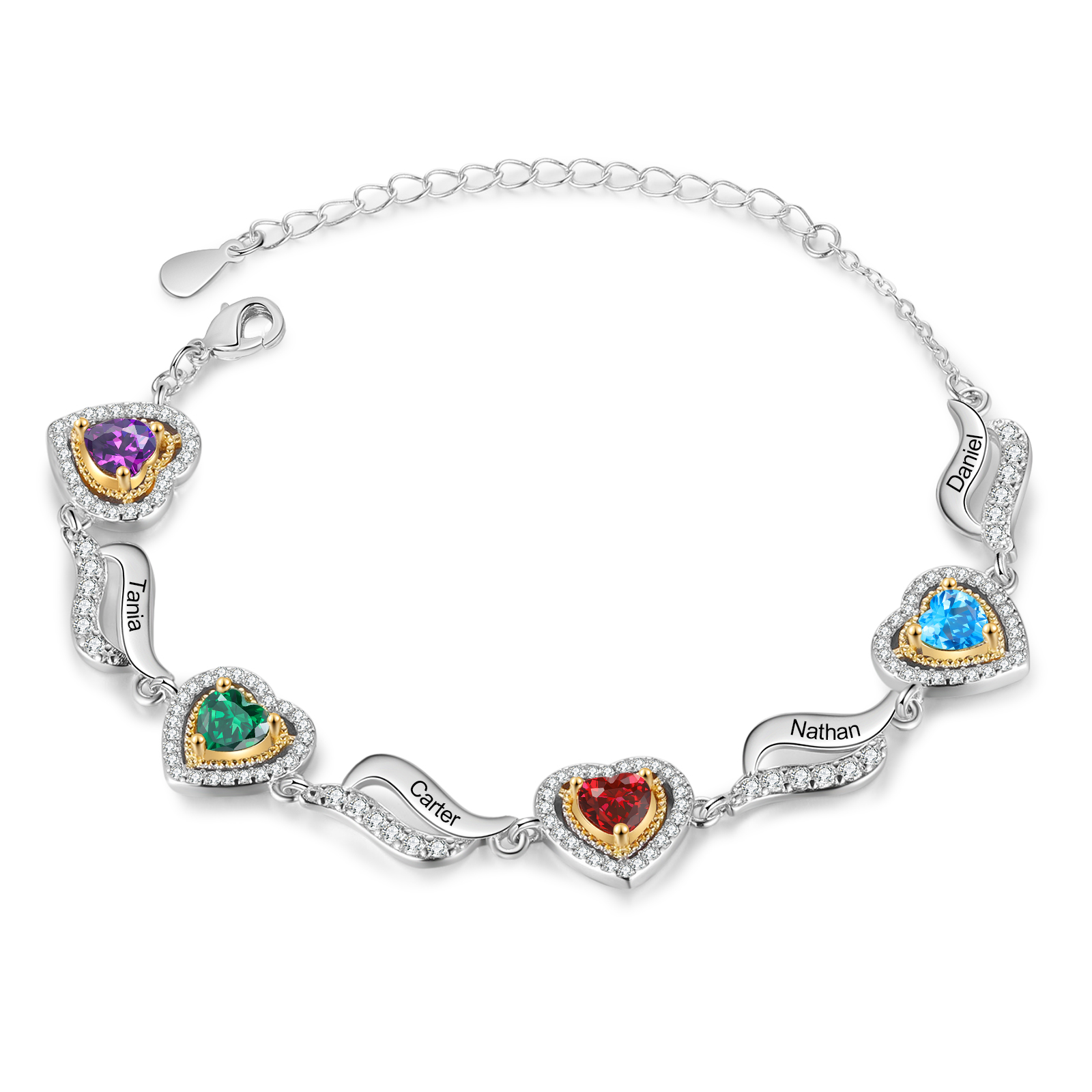 Personalised Heart Birthstone Bracelet Customizable with 4 Names Perfect Gift for Friends