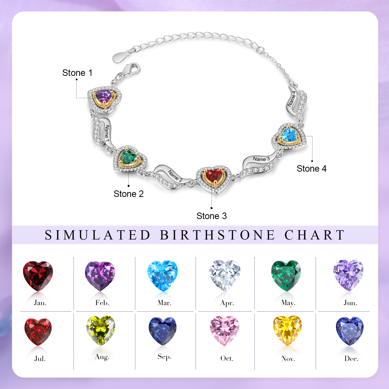 Personalised Heart Birthstone Bracelet Customizable with 4 Names Perfect Gift for Friends