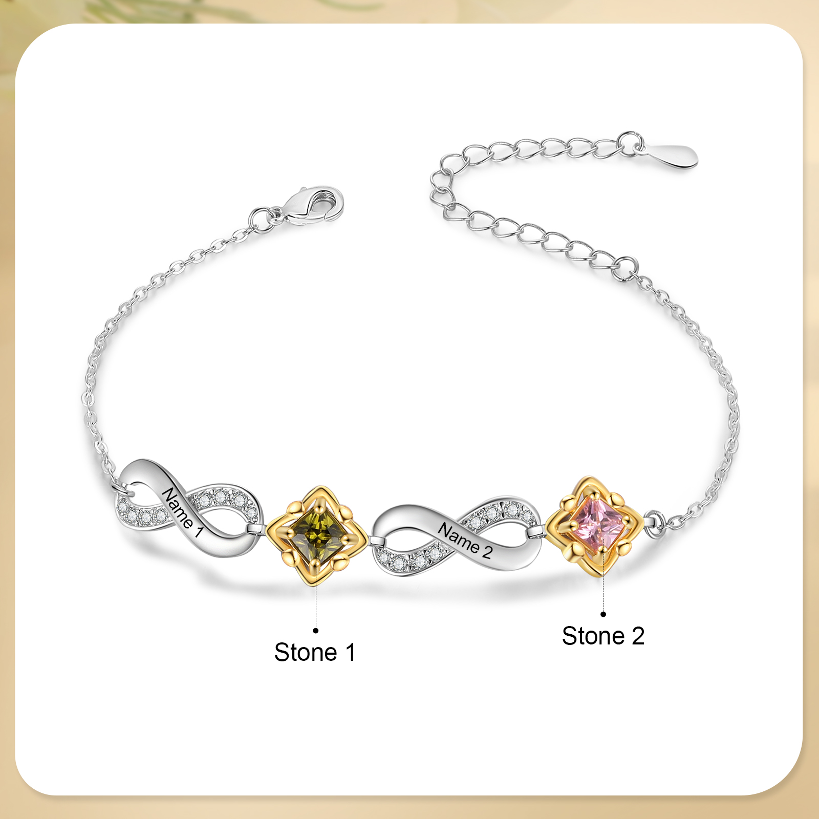 Personalised Infinity Bracelet with Custom 2-4 Names and Birthstones Elegant Gift for Her