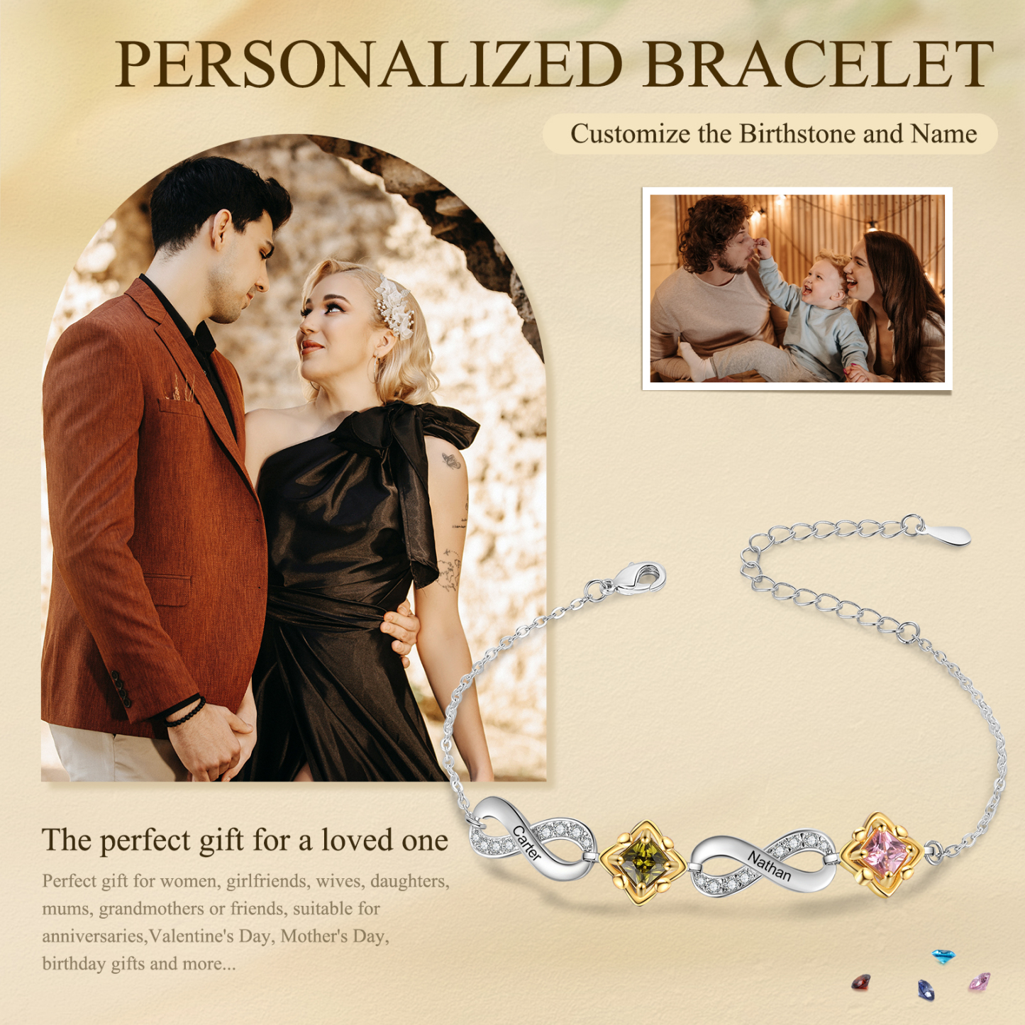 Personalised Infinity Bracelet with Custom 2-4 Names and Birthstones Elegant Gift for Her