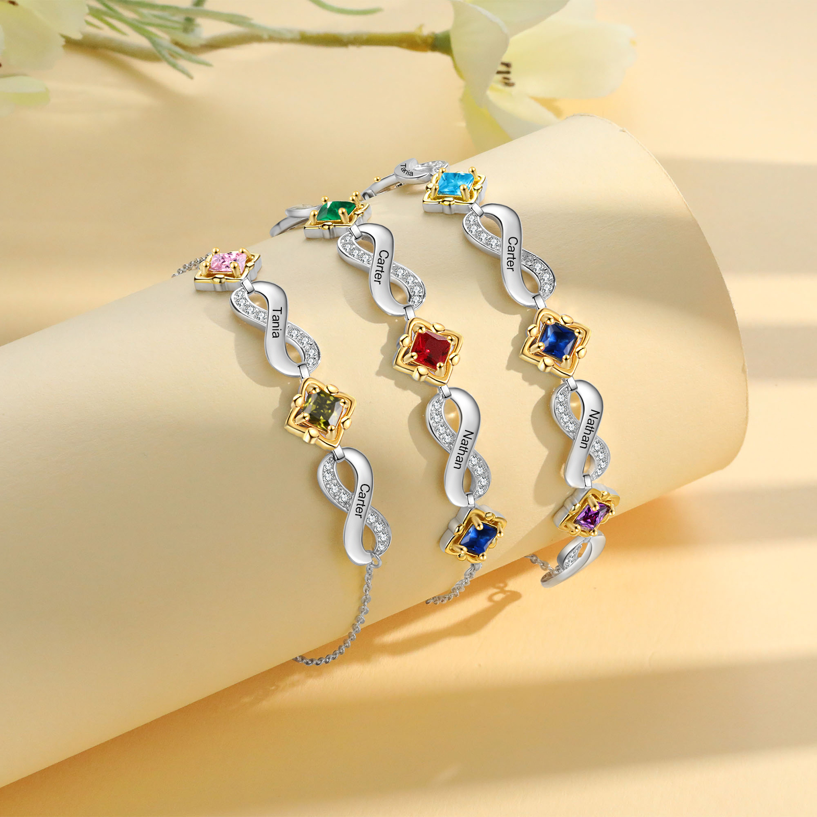 Personalised Infinity Bracelet with Custom 4 Names and Birthstones Elegant Gift for Her