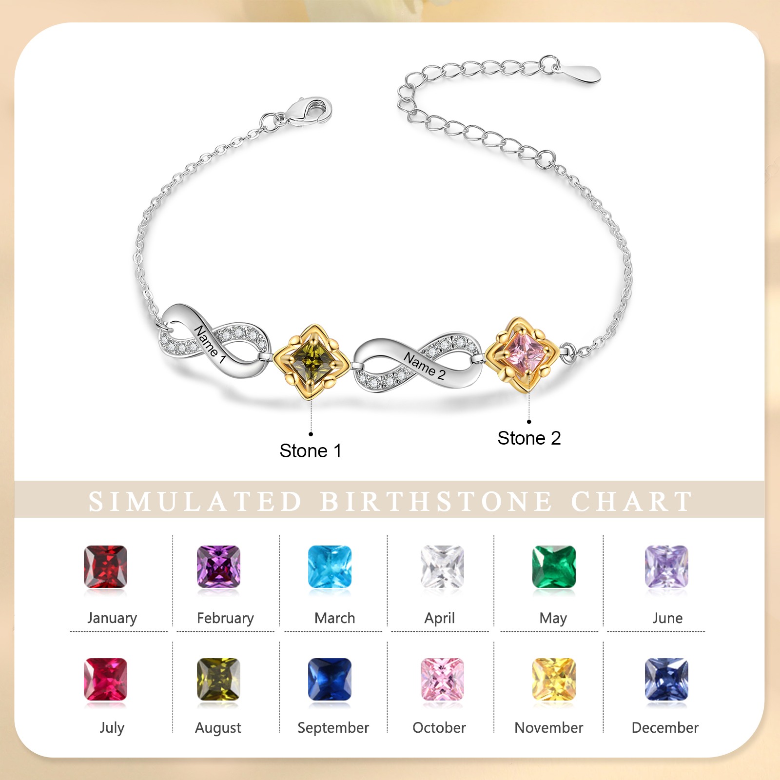 Personalised Infinity Bracelet with Custom 2 Names and Birthstones Ele