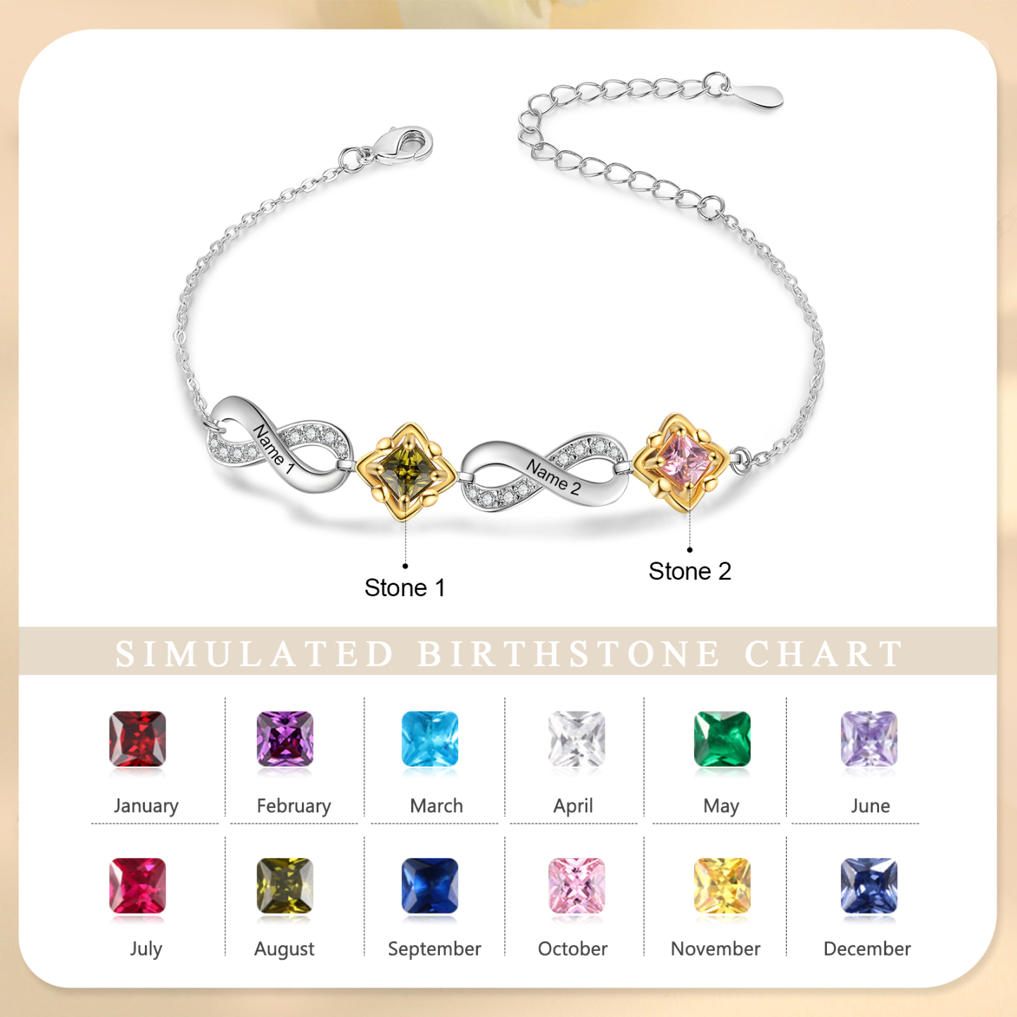 Personalised Infinity Bracelet with Custom 2 Names and Birthstones Ele