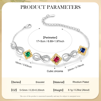 Personalised Infinity Bracelet with Custom 3 Names and Birthstones Elegant Gift for Her
