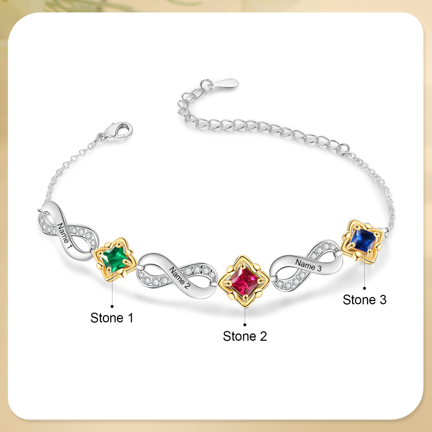 Personalised Infinity Bracelet with Custom 3 Names and Birthstones Elegant Gift for Her