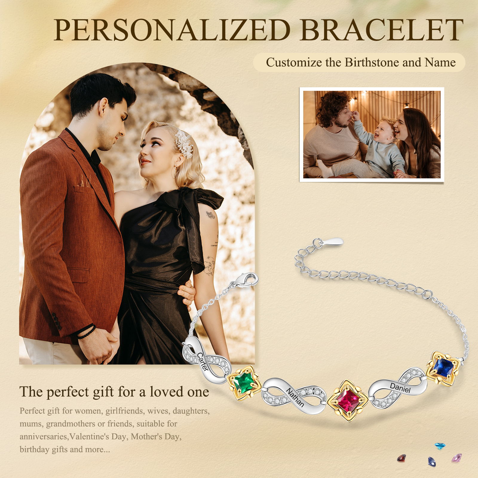 Personalised Infinity Bracelet with Custom 3 Names and Birthstones Elegant Gift for Her