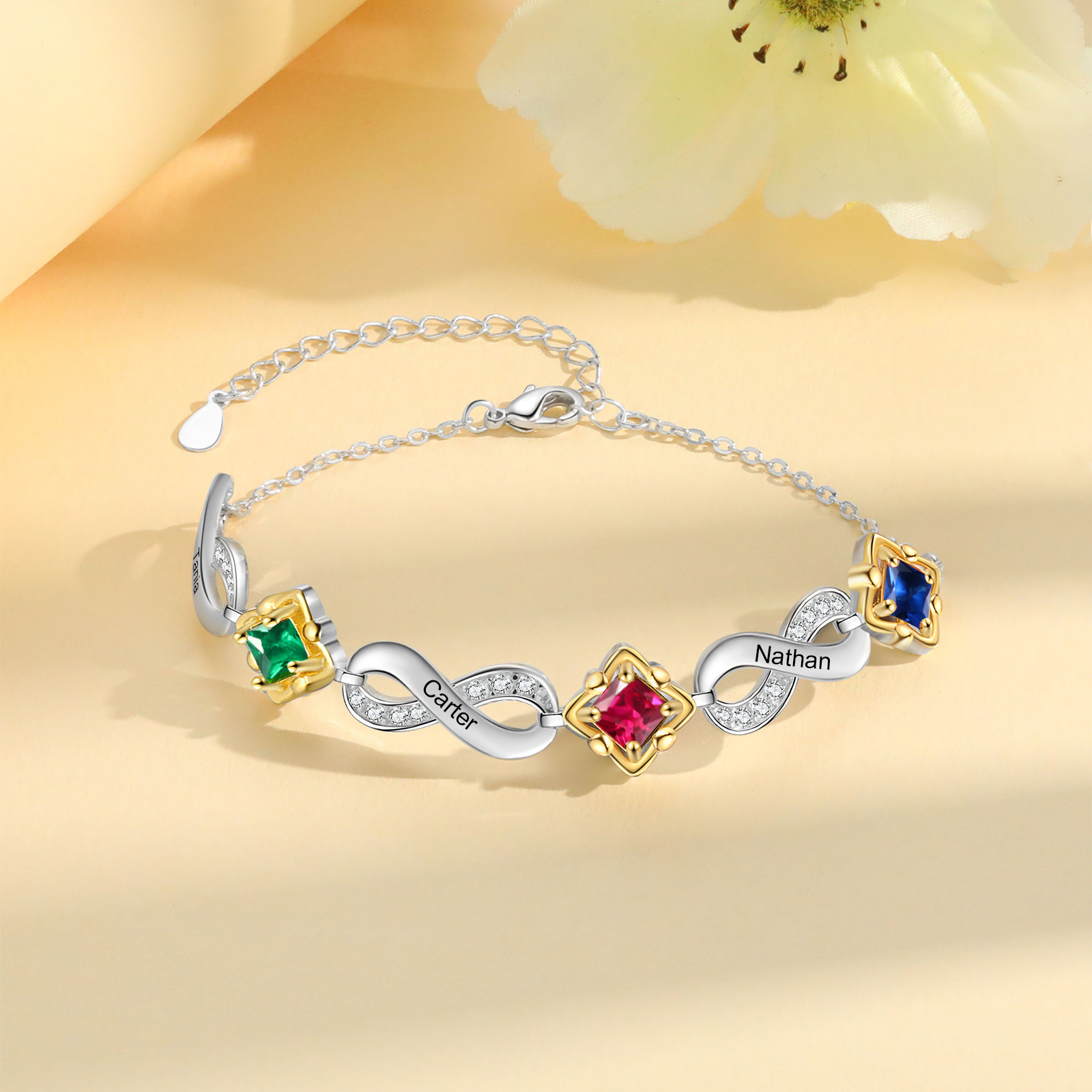 Personalised Infinity Bracelet with Custom 3 Names and Birthstones Elegant Gift for Her