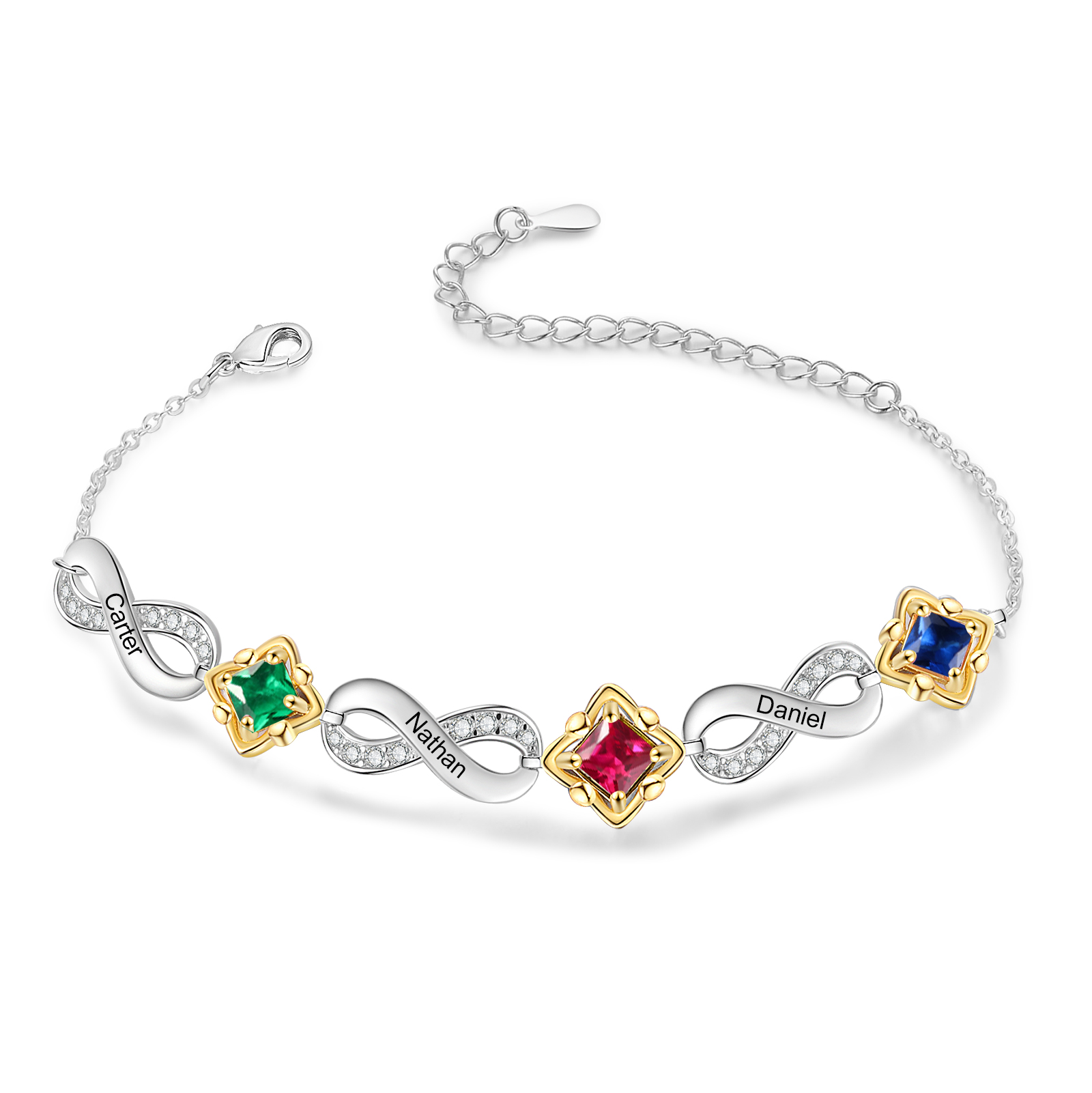 Personalised Infinity Bracelet with Custom 3 Names and Birthstones Elegant Gift for Her