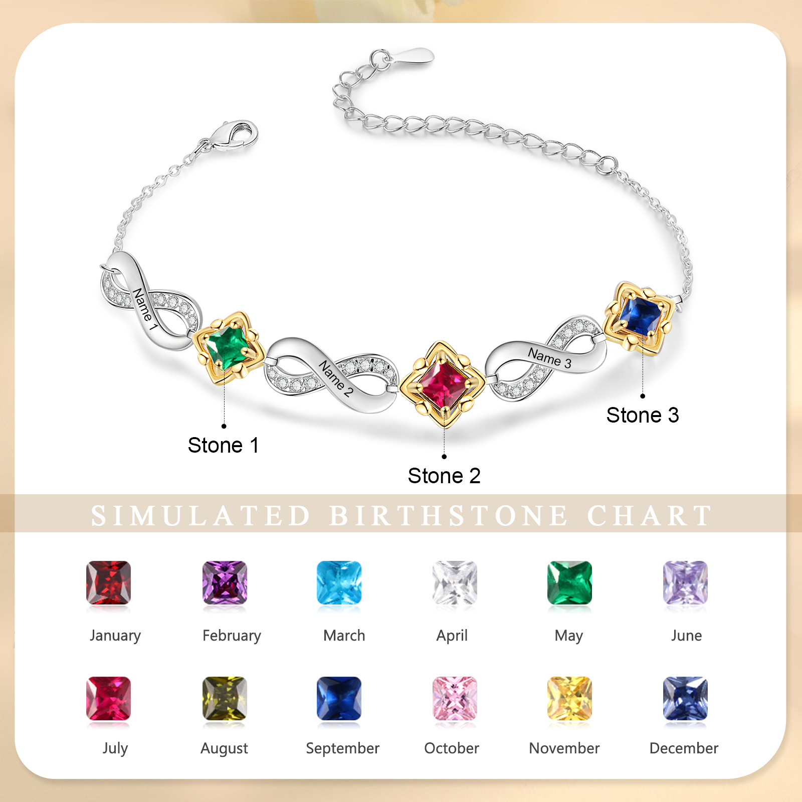 Personalised Infinity Bracelet with Custom 3 Names and Birthstones Elegant Gift for Her