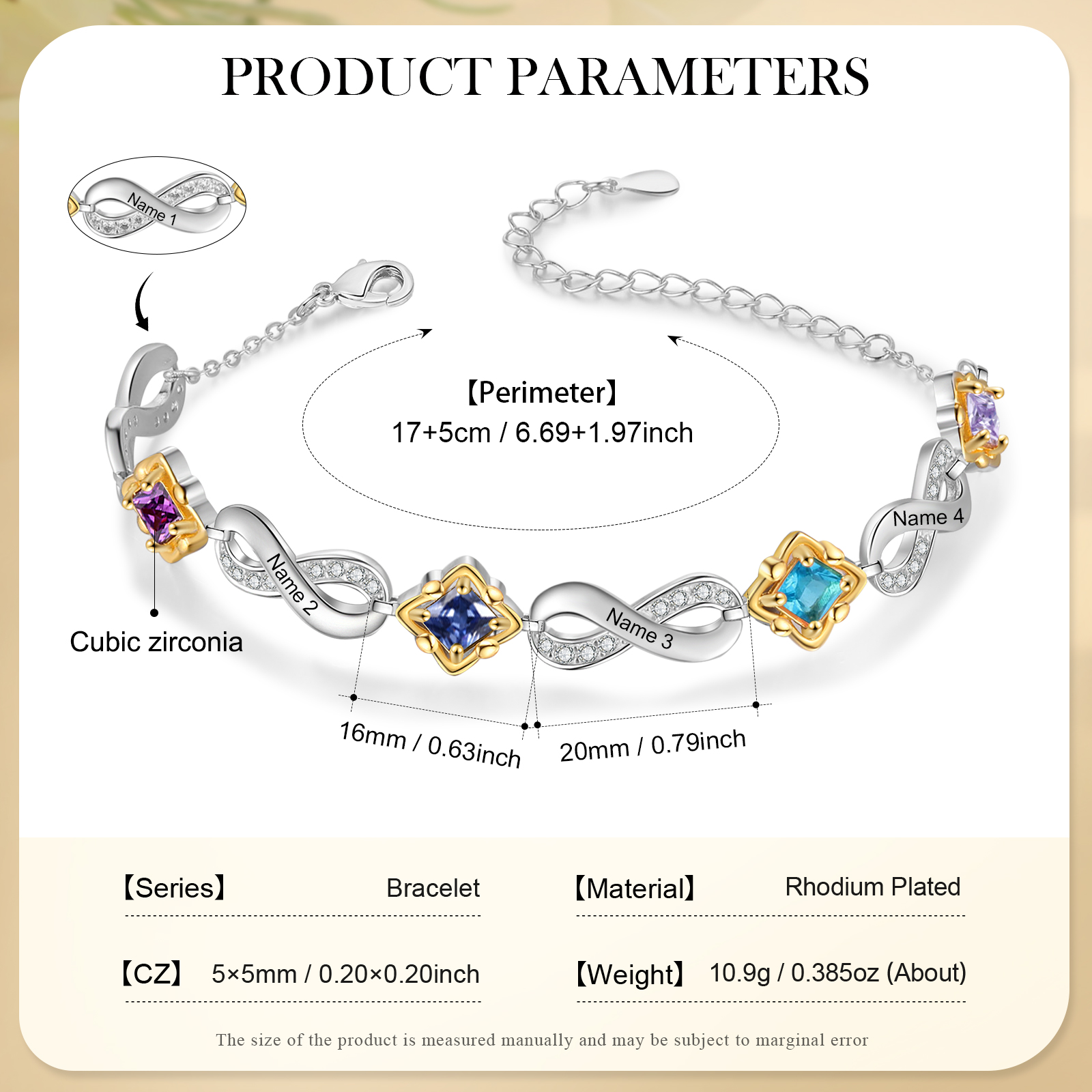 Personalised Infinity Bracelet with Custom 4 Names and Birthstones Elegant Gift for Her