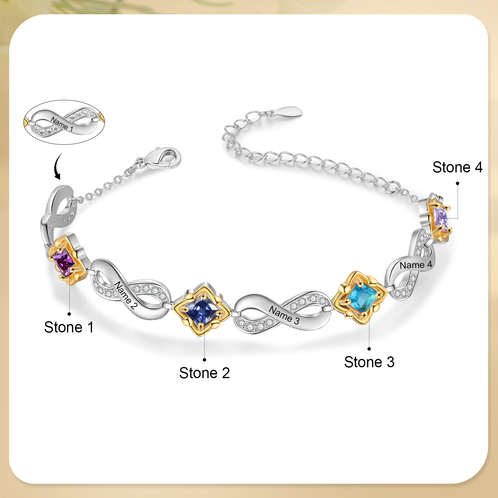 Personalised Infinity Bracelet with Custom 4 Names and Birthstones Elegant Gift for Her