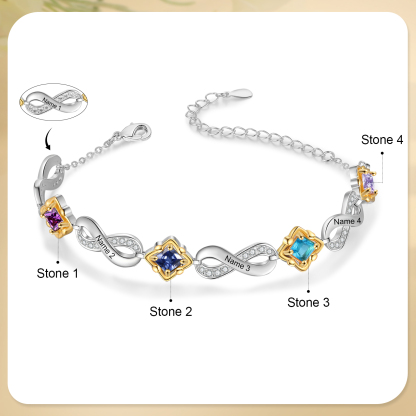 Personalised Infinity Bracelet with Custom 4 Names and Birthstones Elegant Gift for Her