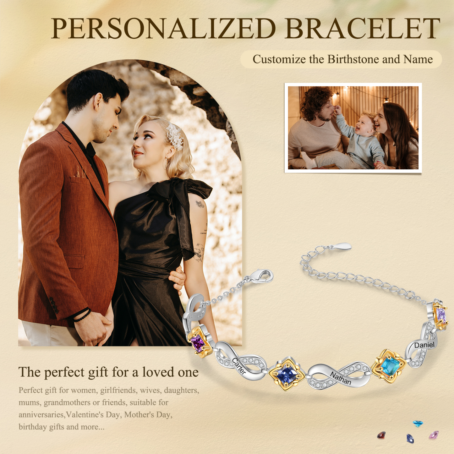 Personalised Infinity Bracelet with Custom 4 Names and Birthstones Elegant Gift for Her