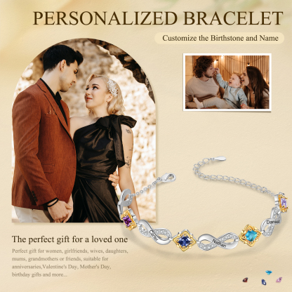 Personalised Infinity Bracelet with Custom 4 Names and Birthstones Elegant Gift for Her