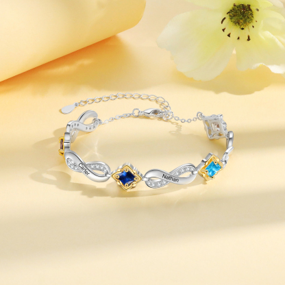 Personalised Infinity Bracelet with Custom 4 Names and Birthstones Elegant Gift for Her