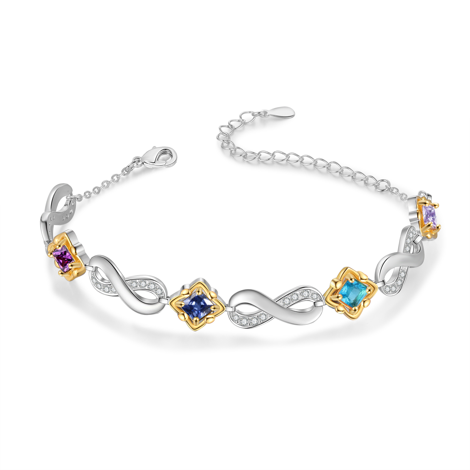 Personalised Infinity Bracelet with Custom 4 Names and Birthstones Elegant Gift for Her