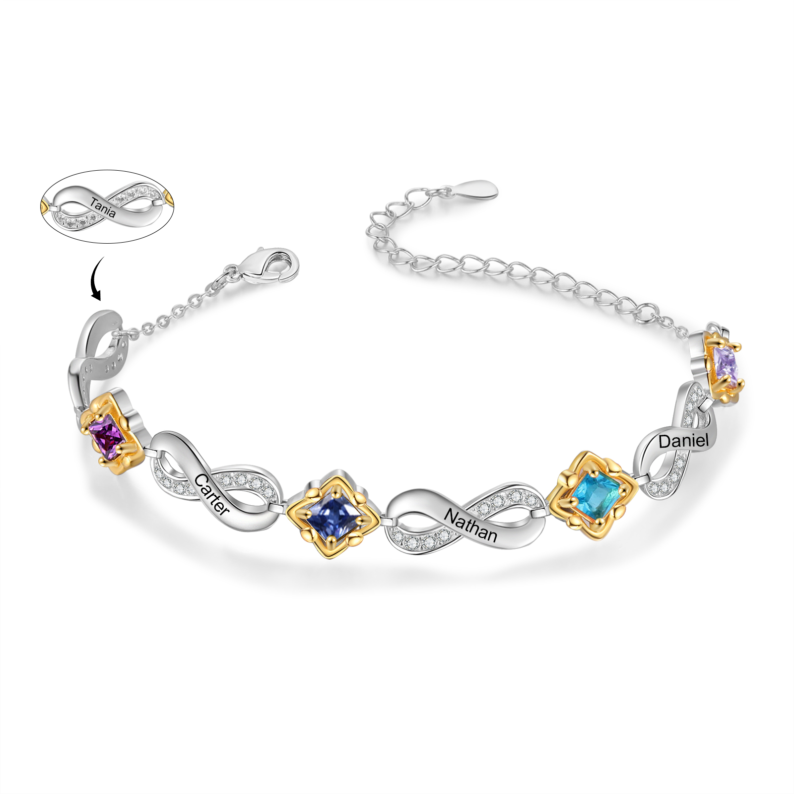 Personalised Infinity Bracelet with Custom 4 Names and Birthstones Elegant Gift for Her