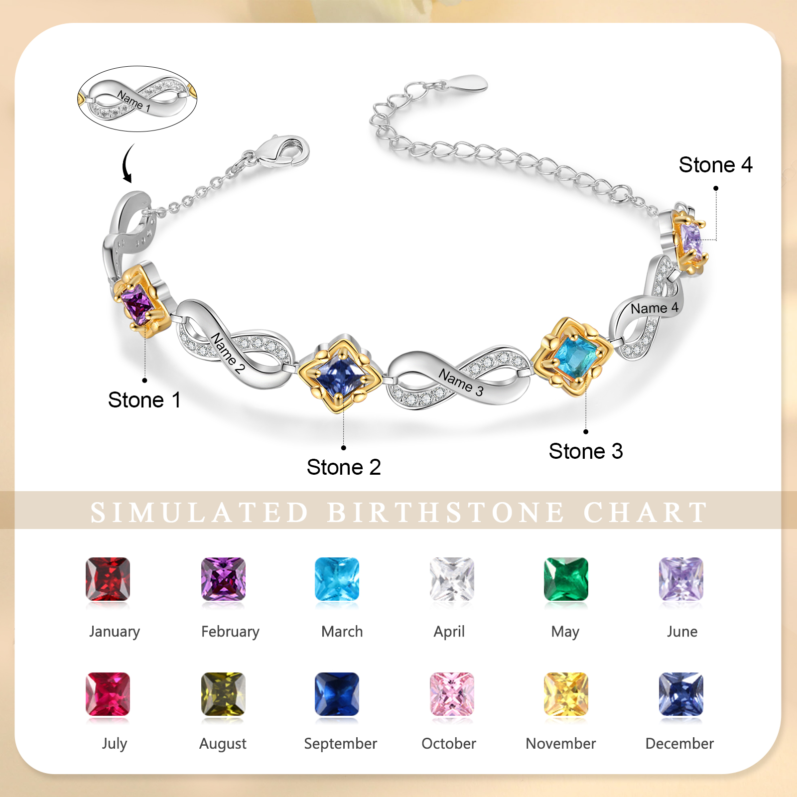 Personalised Infinity Bracelet with Custom 4 Names and Birthstones Elegant Gift for Her