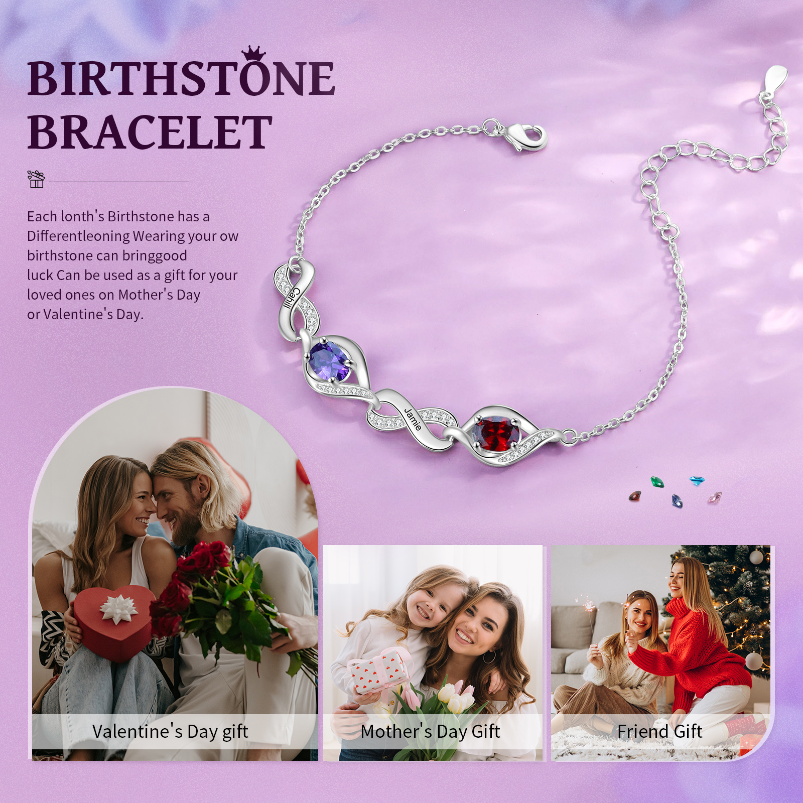 Personalised Bracelet with 2 Names & Birthstones A Unique Gift of Friendship & Love-Jessemade AU