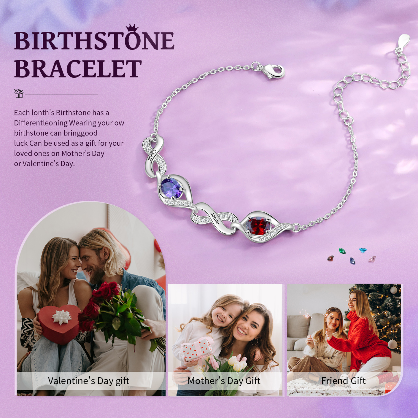 Personalised Bracelet with 2 Names & Birthstones A Unique Gift of Friendship & Love-Jessemade AU