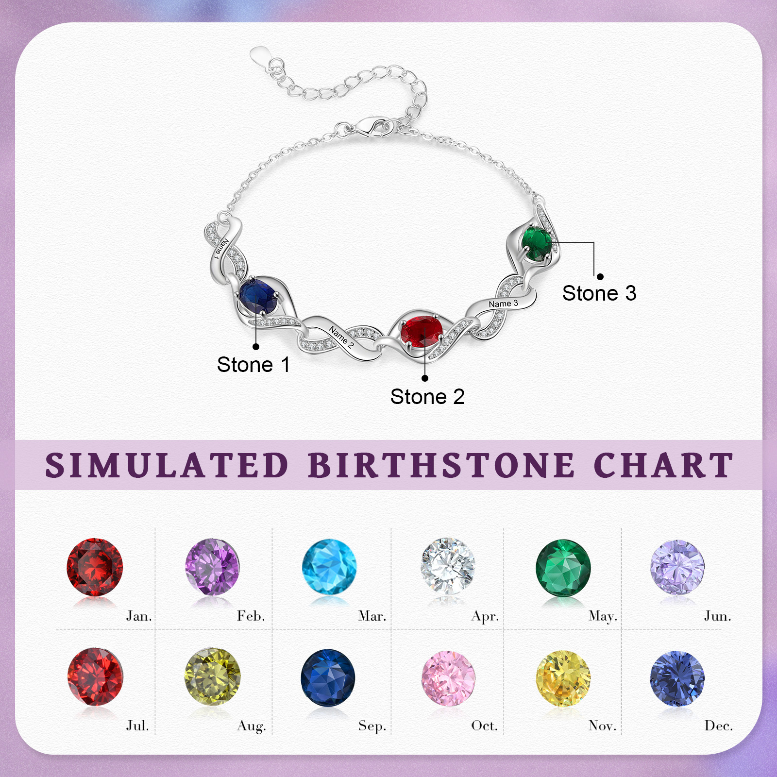 Personalised Bracelet with 3 Names & 3 Birthstones Custom Friendship & Love Jewelry